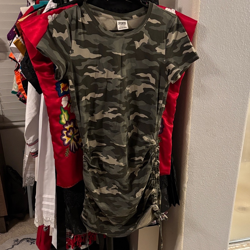 Pink Camouflage Ruched T-Shirt Dress